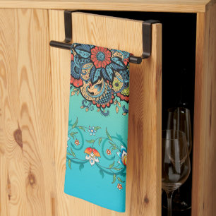 Mehndi Green Floral Art, Boho Botanical Beauty Tea Towel