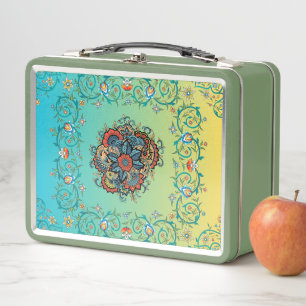 Mehndi Green Floral Art, Elegant Botanical Design Metal Lunch Box