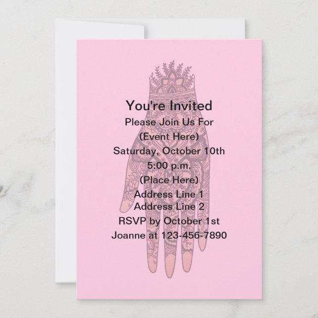 Mehndi Hand Tattoo Art Pink Design Party  Invitation (Front)