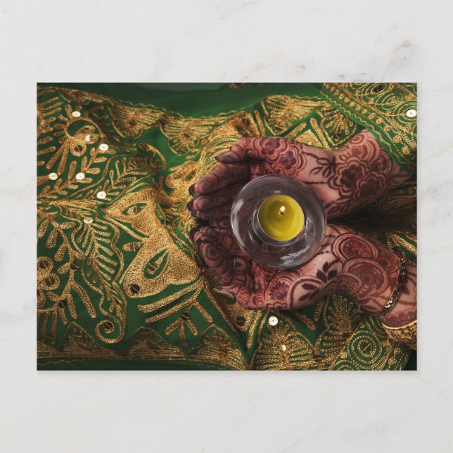 Mehndi Henna Green Candle Light Celebration Announcement Postcard (Front)