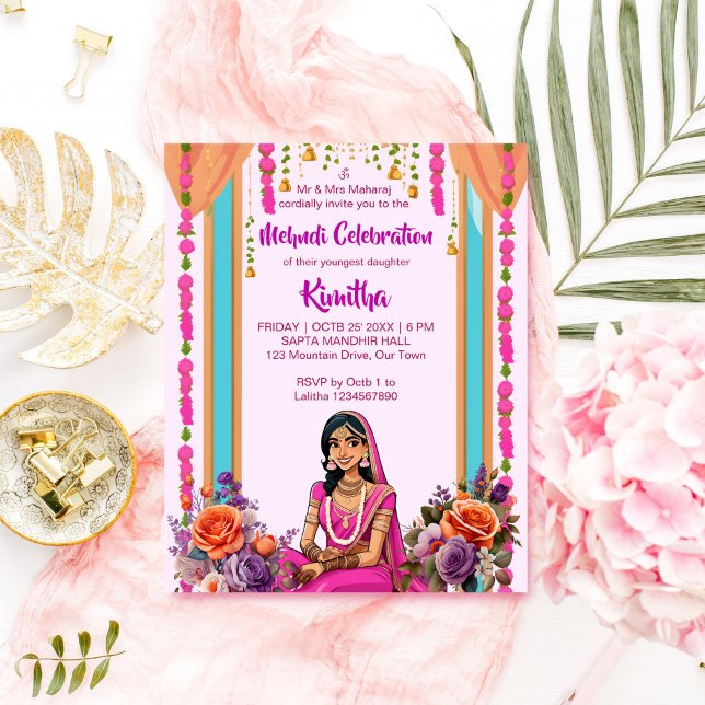 Mehndi Indian wedding bride in pink invitation (Mehndi Indian wedding editable template invitation bride in pink cartoon pink lavender flowers )