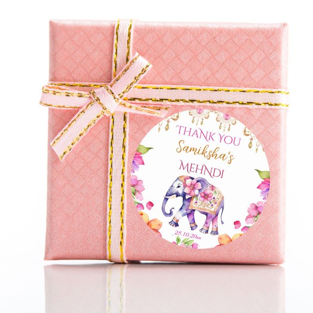Mehndi Indian wedding elephant pink flowers favour Classic Round Sticker (Mehndi Indian wedding cute elephant favor gift thank you stickers modern watercolor pink and gold)