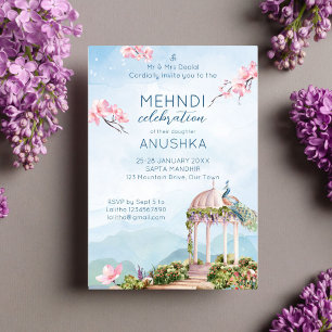 Mehndi Indian wedding peacock dusty blue Invitation