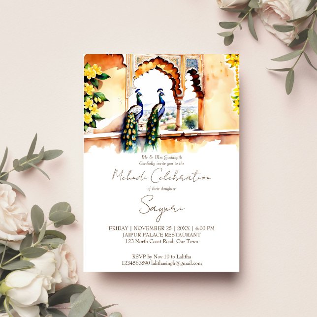 Mehndi Indian wedding peacocks at Jaipur palace   Invitation (Peacocks at Jaipur palace modern watercolor Mehndi Indian wedding template invitation download)