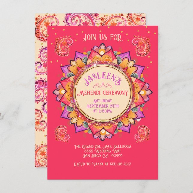 Mehndi Mandala Night Party Pink Gold Invitation (Front/Back)