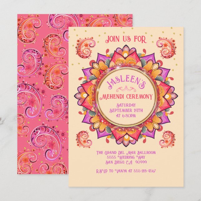 Mehndi Mandala Night Party Pink Gold Invitation (Front/Back)