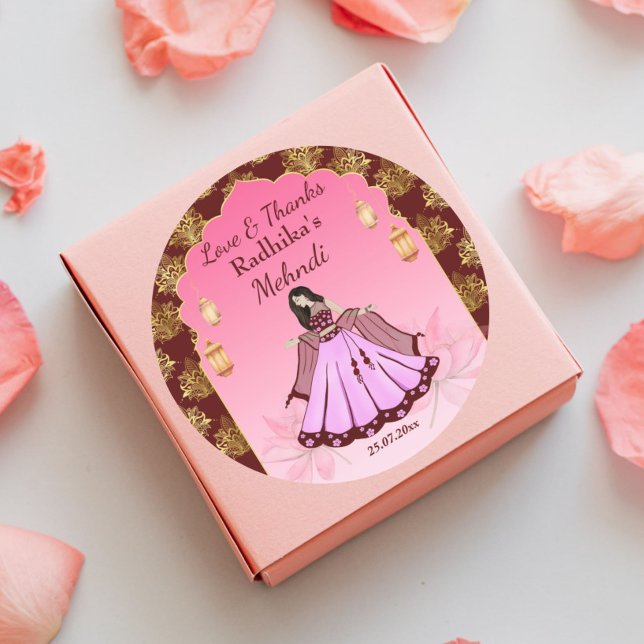 Mehndi maroon pink gold lotus Indian bride favour Classic Round Sticker (Mehndi favor gift thank you stickers Indian mehandi dancing bride maroon pink gold lotus favors)