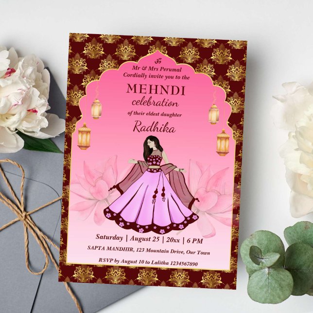 Mehndi maroon pink gold lotus Indian bride  Invitation (Mehndi maroon and gold pink dancing Indian bride invitation template lotus oriental pattern arch)