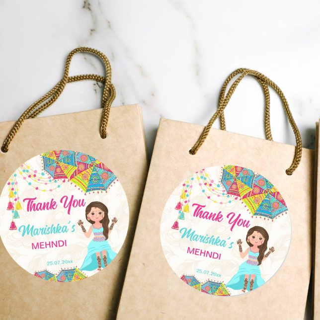 Mehndi pink blue cute Indian girl thank you favour Classic Round Sticker (Mehndi favor stickers pink blue cute Indian girl thank you favor Classic Round Sticker )
