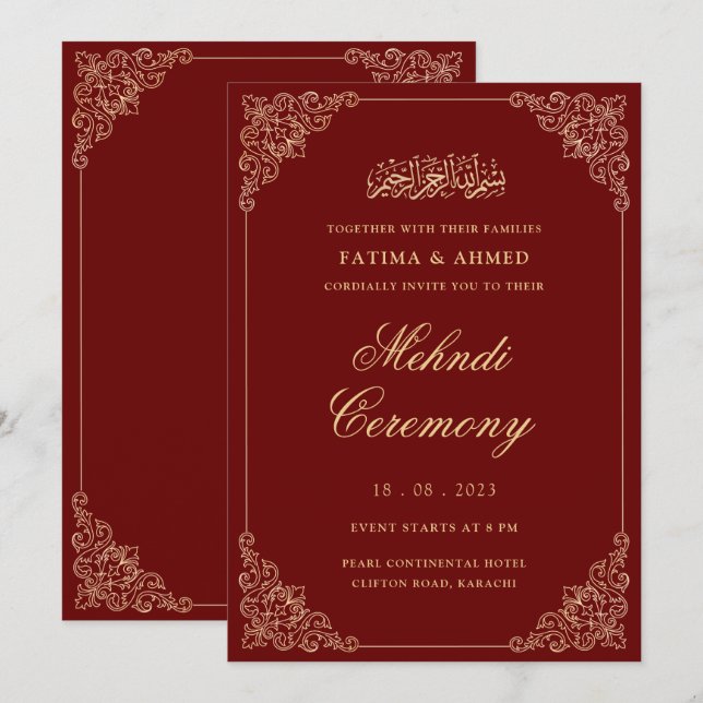 Mehndi Red Gold Islamic Muslim Wedding Invitation (Front/Back)