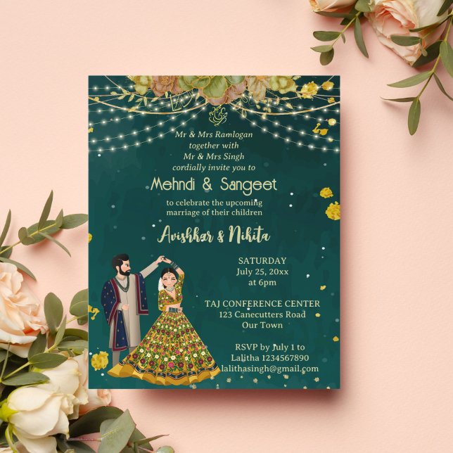 Mehndi sangeet green Indian couple budget invite (Creator Uploaded)