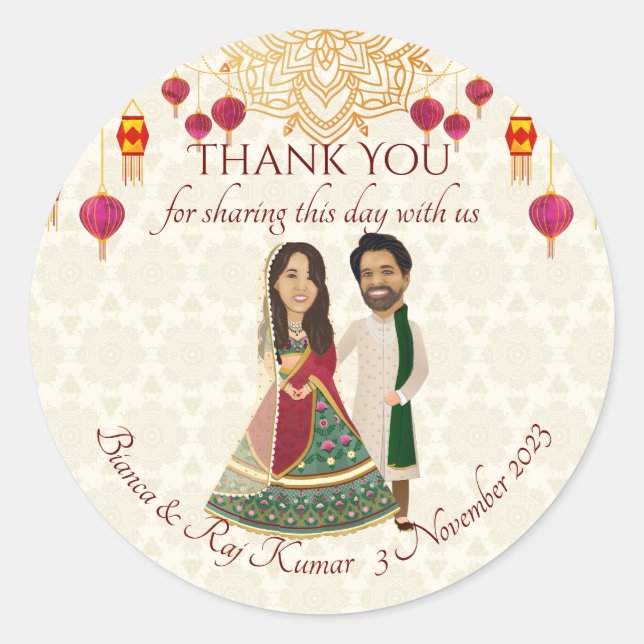 Mehndi & sangeet manadala and cute Indian couple Classic Round Sticker (Front)