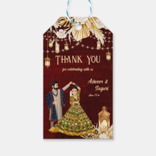 Mehndi Sangeet maroon dancing couple gift Tags