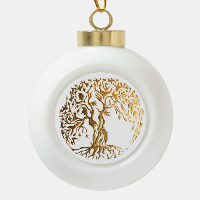 Mehndi Tree of Life (Gold) Ceramic Ball Christmas Ornament (Front)