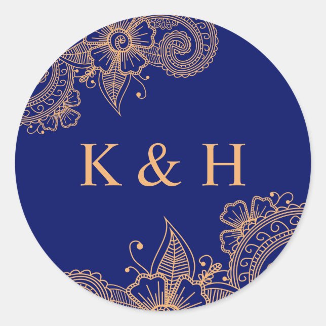 Mehndi Wedding Monogram Classic Round Sticker (Front)