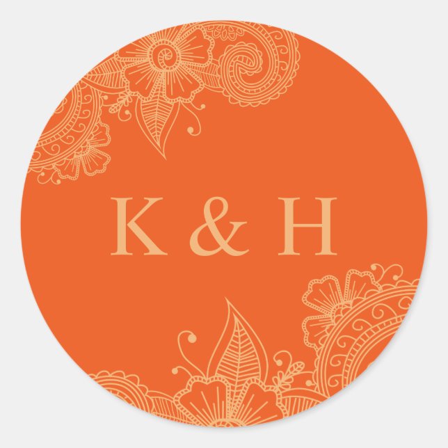 Mehndi Wedding Monogram Classic Round Sticker (Front)