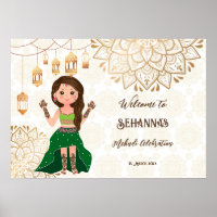 Mehndi welcome sign with cute Indian henna bride