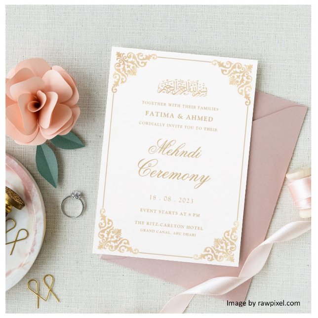 Mehndi White Gold Islamic Muslim Wedding Invitation (Creator Uploaded)