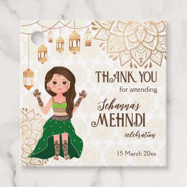 Mehndi with cute Indian henna bride personalised Favour Tags (Front)