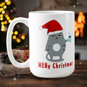 MEHy (MEH) Christmas Funny Santa Cat with Coffee Mug