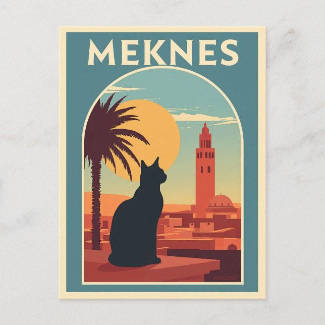 Meknes Morocco Sunset Cat Art Postcard (Front)