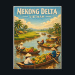 Mekong Delta, Vietnam, in a classic retro Holiday Postcard<br><div class="desc">Travel poster featuring the Mekong Delta, Vietnam, in a classic retro travel-poster style. Central focus on a peaceful river scene with winding waterways, lush green rice fields, and coconut palm-lined canals. Traditional wooden boats and a lively floating market with colorful fruits and conical-hat vendors convey local life and abundance. Warm...</div>