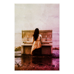 Melancholic Woman Playing Piano by the Sea Poster