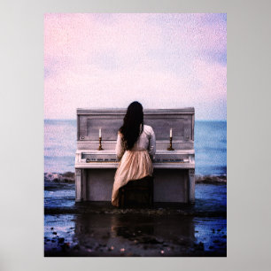 Melancholic Woman Playing Piano by the Sea Poster