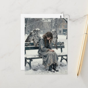 Melancholy Angel in Snowy Park Ink Drawing Postcard