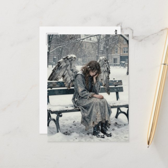 Melancholy Angel in Snowy Park Ink Drawing Postcard (Front/Back In Situ)