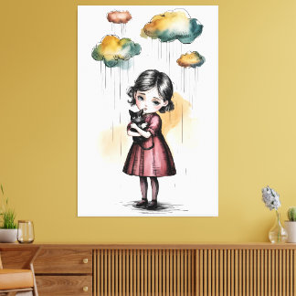 Melancholy Girl with Cat – Whimsical Art Print