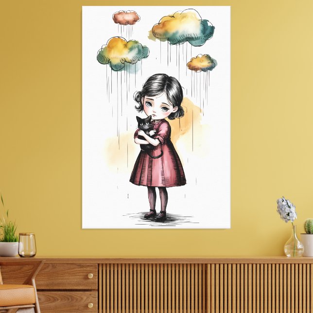 Melancholy Girl with Cat – Whimsical Art Print (Insitu(LivingRoom))