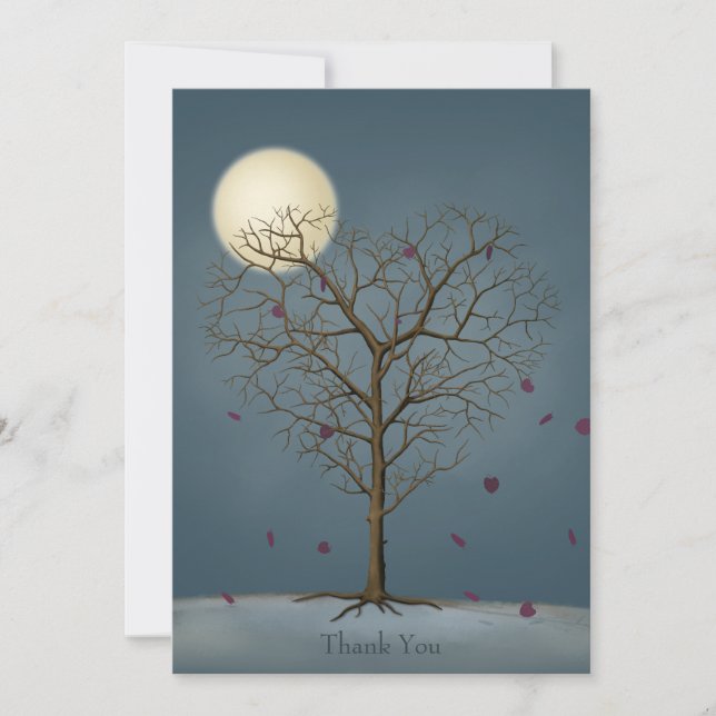 Melancholy Heart Shaped Tree Under Full Moon Thank You Card (Front)