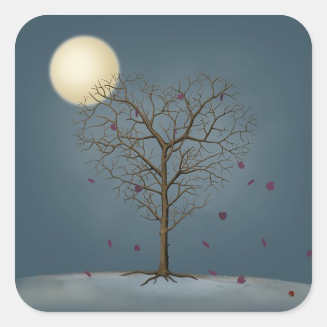 Melancholy Heart Shaped Tree Under the Full Moon Square Sticker (Front)