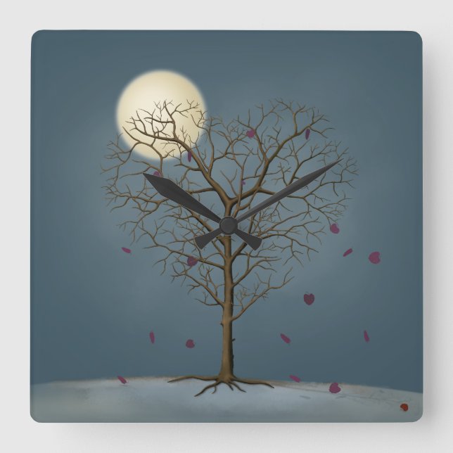Melancholy Heart Shaped Tree Under the Full Moon Square Wall Clock (Front)
