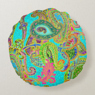 Melange Paisley in Turquoise and Green Round Cushion