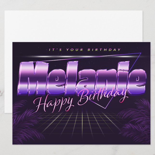 Melanie first name purple retro card birthday (Front/Back)