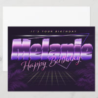 Melanie first name purple retro card birthday