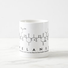 Mug featuring the name Melanie spelled out in the single letter amino acid code