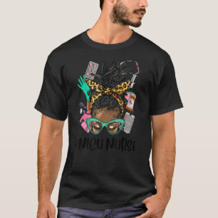 Melanin Afro Messy Bun Curly Hair Glasses Leopard T-Shirt