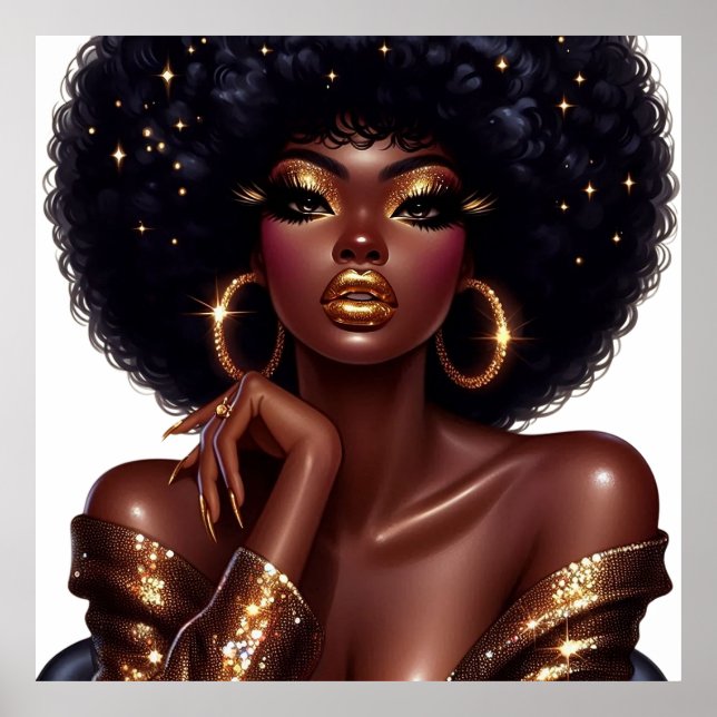 Melanin Chic Afro Beauty with Gold Glam Accents Poster (Front)