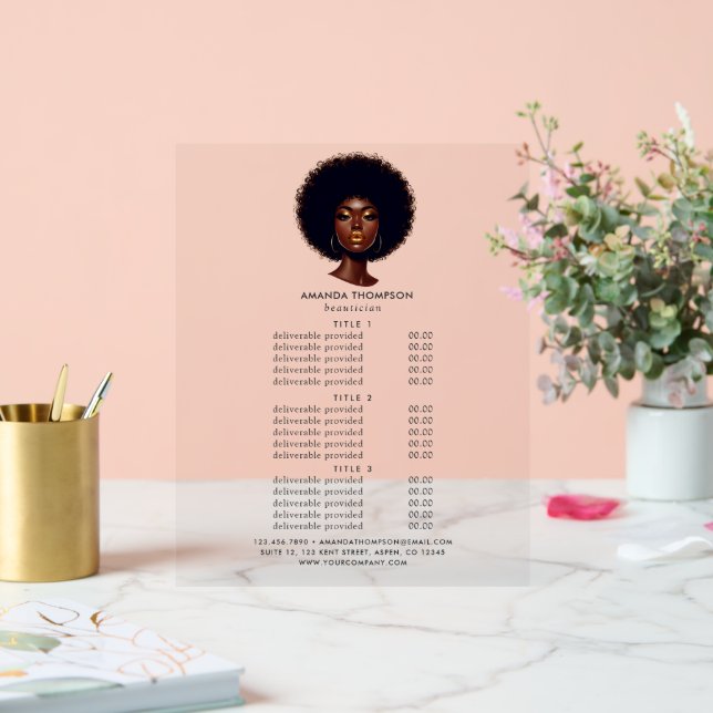 Melanin Chic Afro Hair Salon Pricing and Services Acrylic Sign (Wedding)