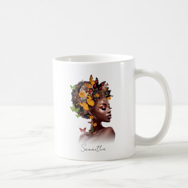 Melanin Magic: Afro Hair and Colourful Butterfly Coffee Mug (Right)