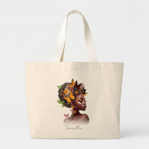 Melanin Magic: Afro Hair and Colourful Butterfly Large Tote Bag