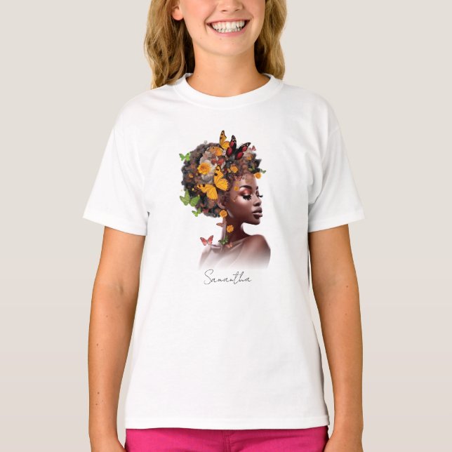 Melanin Magic: Afro Hair and Colourful Butterfly T-Shirt (Front)