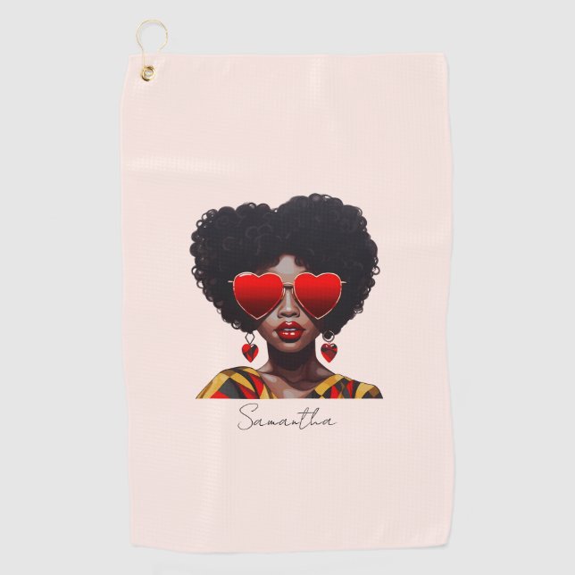 Melanin Magic: Black Queen Rocking Heart Shades Golf Towel (Front)