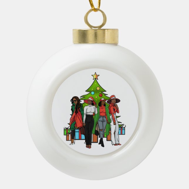 Melanin Sistas Christmas Tree Friendsgiving Sista  Ceramic Ball Christmas Ornament (Front)