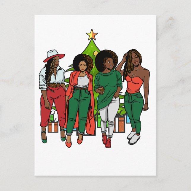 Melanin Sistas Christmas Tree & Gifts Black Girls Postcard (Front)