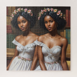 Melanin Twin Sisters Gemini Library Art Jigsaw Puzzle
