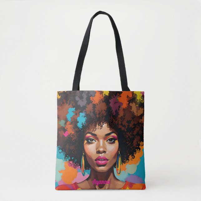 Melanin Woman w/Afro - Pop Art Inspired Tote Bag (Front)